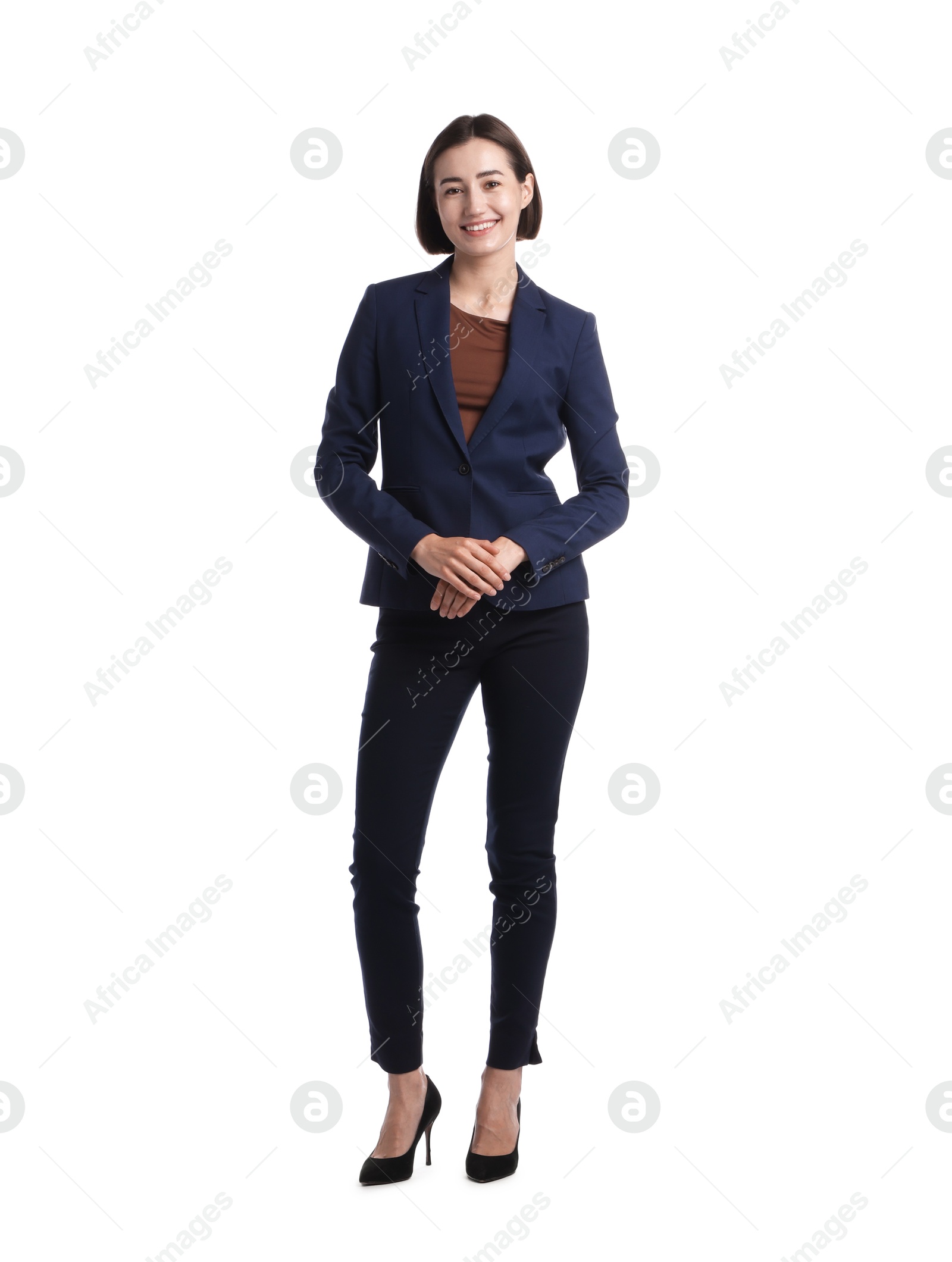 Full length portrait of hostess in uniform on white background Photo of Full length portrait of hostess in uniform on white background