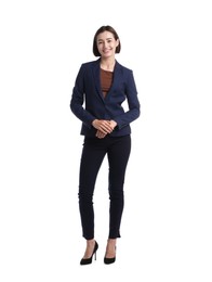 Photo of Full length portrait of hostess in uniform on white background