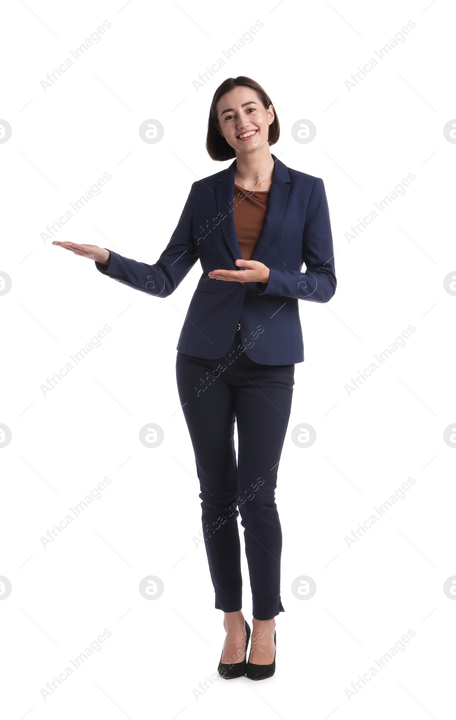 Full length portrait of hostess in uniform on white background Photo of Full length portrait of hostess in uniform on white background