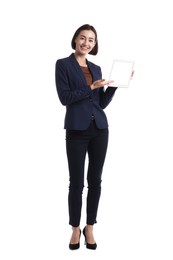 Photo of Smiling hostess in uniform with tablet on white background
