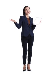 Photo of Smiling hostess in uniform with tablet on white background