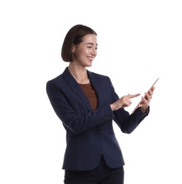 Photo of Smiling hostess in uniform using tablet on white background