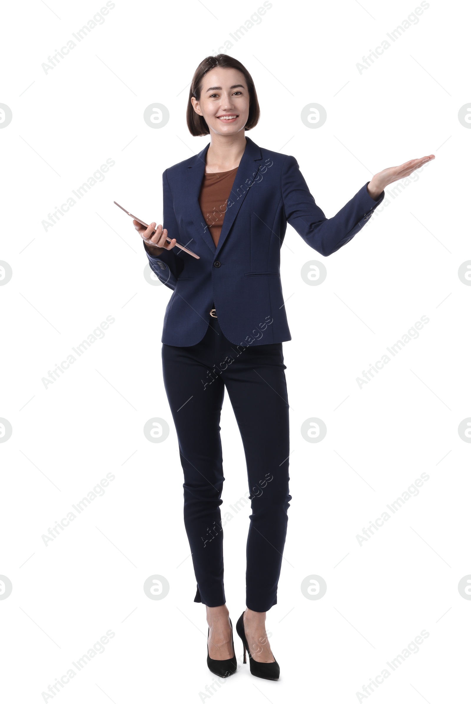 Smiling hostess in uniform with tablet on white background Photo of Smiling hostess in uniform with tablet on white background