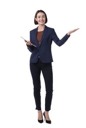 Photo of Smiling hostess in uniform with tablet on white background