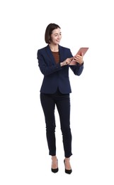 Photo of Smiling hostess in uniform using tablet on white background