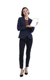 Photo of Smiling hostess in uniform with tablet on white background