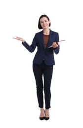 Photo of Smiling hostess in uniform with tablet on white background