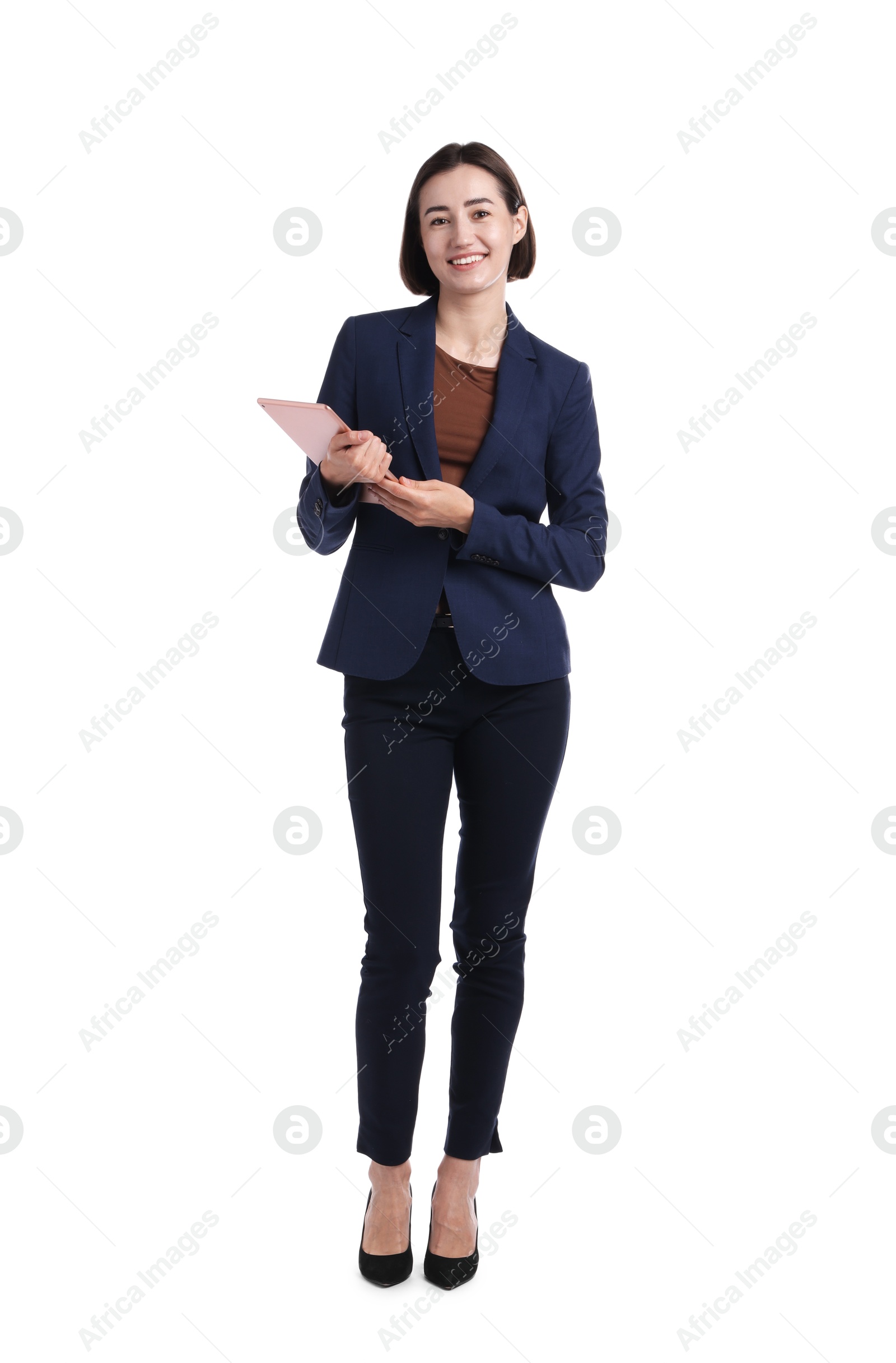 Smiling hostess in uniform with tablet on white background Photo of Smiling hostess in uniform with tablet on white background