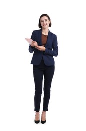 Photo of Smiling hostess in uniform with tablet on white background