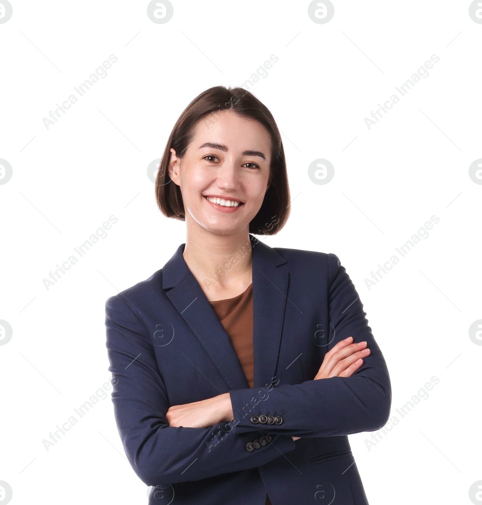 Portrait of smiling hostess in uniform on white background Photo of Portrait of smiling hostess in uniform on white background
