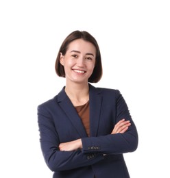 Photo of Portrait of smiling hostess in uniform on white background