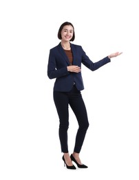 Photo of Full length portrait of hostess in uniform on white background