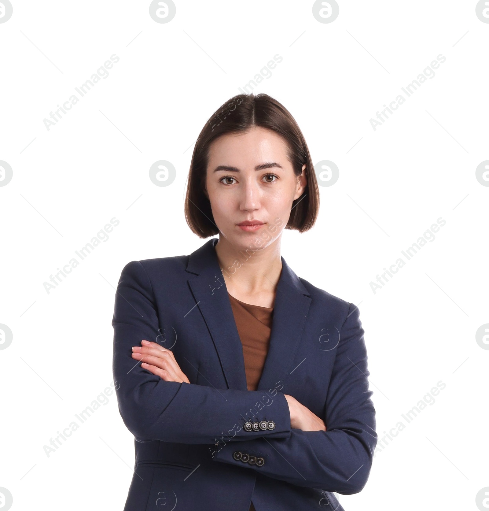 Portrait of hostess in uniform on white background Photo of Portrait of hostess in uniform on white background