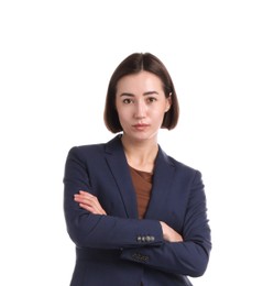 Photo of Portrait of hostess in uniform on white background