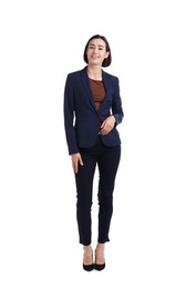 Photo of Full length portrait of hostess in uniform on white background