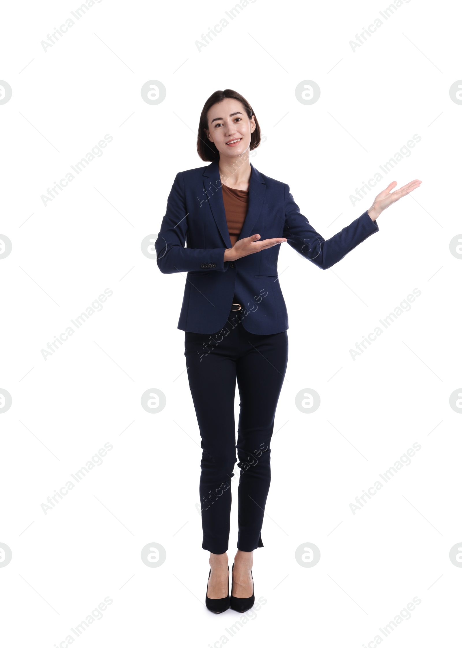 Full length portrait of hostess in uniform on white background Photo of Full length portrait of hostess in uniform on white background