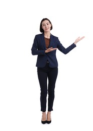 Photo of Full length portrait of hostess in uniform on white background