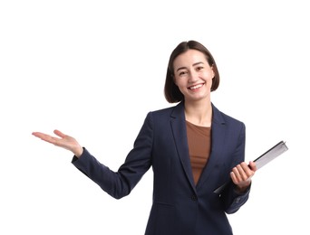 Photo of Smiling hostess in uniform with clipboard on white background