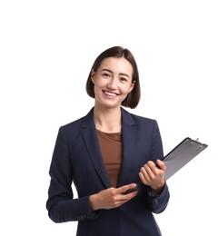Photo of Smiling hostess in uniform with clipboard on white background