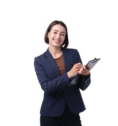 Photo of Smiling hostess in uniform with clipboard on white background