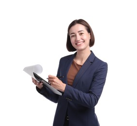 Photo of Smiling hostess in uniform with clipboard on white background