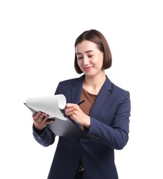 Photo of Hostess in uniform with clipboard on white background