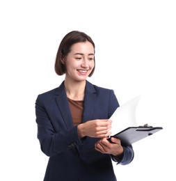 Photo of Smiling hostess in uniform with clipboard on white background