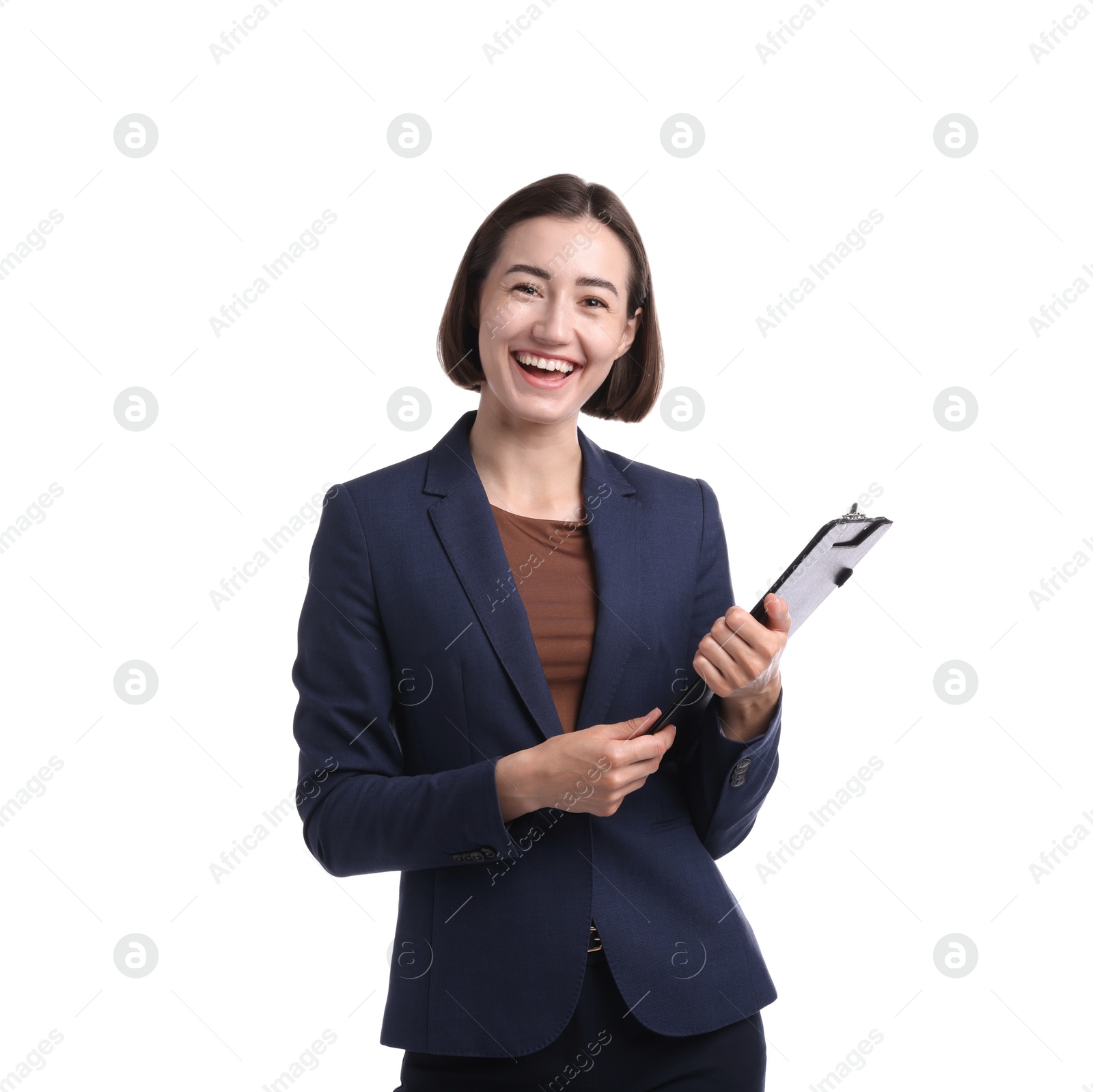 Smiling hostess in uniform with clipboard on white background Photo of Smiling hostess in uniform with clipboard on white background