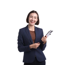 Photo of Smiling hostess in uniform with clipboard on white background