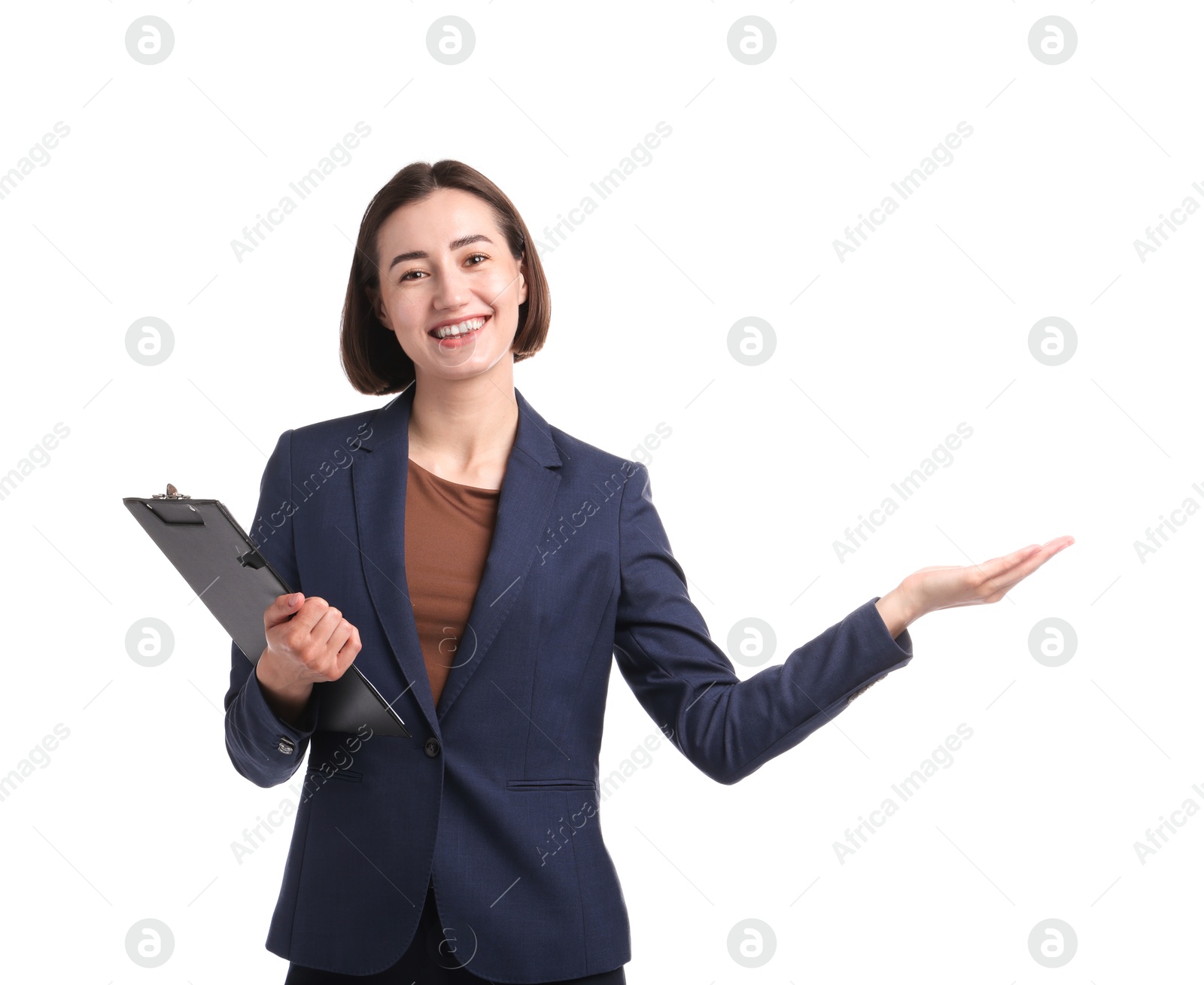 Smiling hostess in uniform with clipboard on white background Photo of Smiling hostess in uniform with clipboard on white background