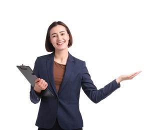 Photo of Smiling hostess in uniform with clipboard on white background