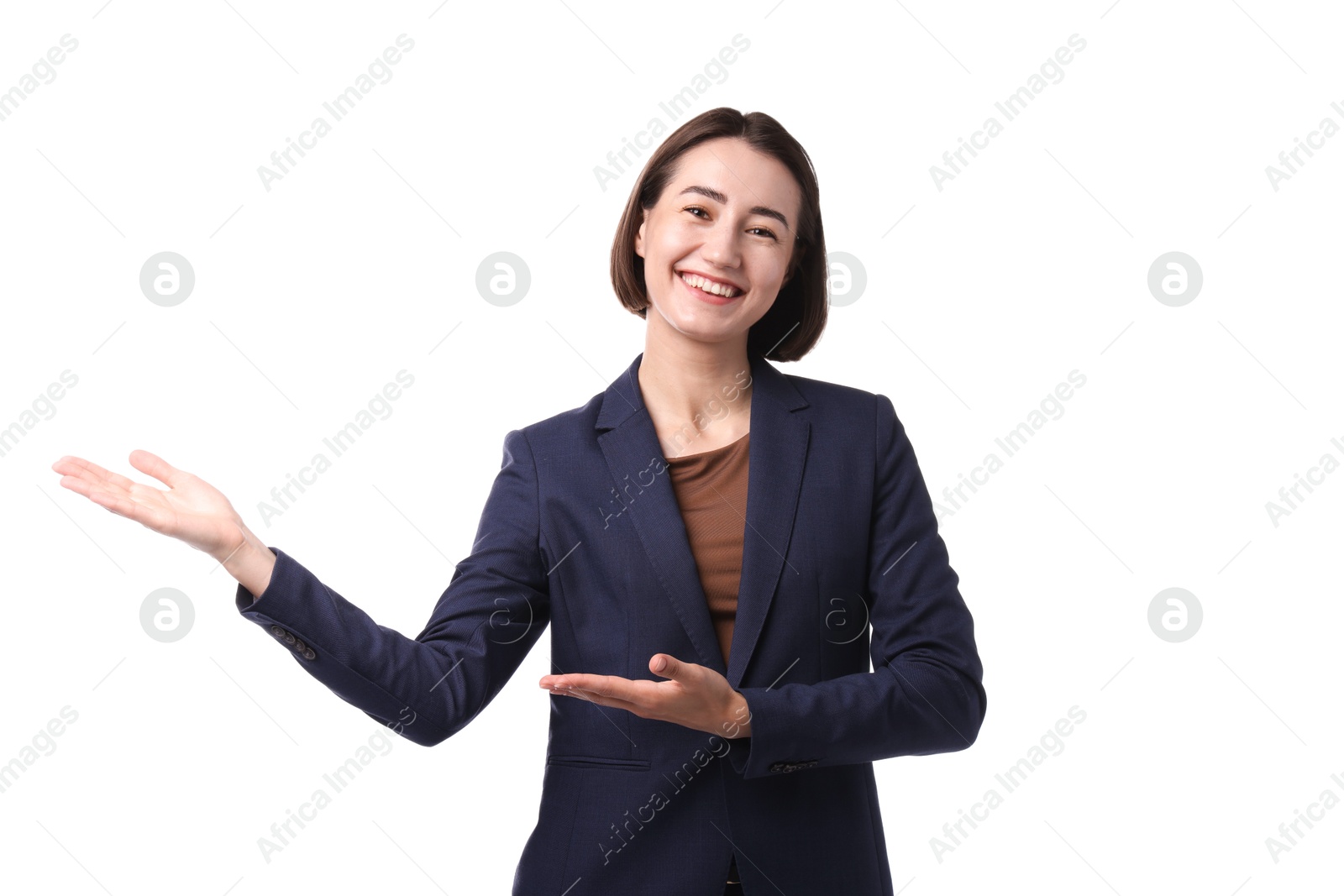 Portrait of hostess in uniform on white background Photo of Portrait of hostess in uniform on white background