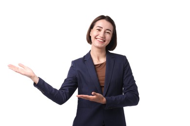 Photo of Portrait of hostess in uniform on white background