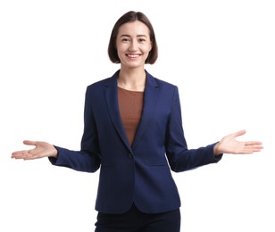 Photo of Portrait of hostess in uniform on white background