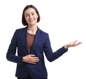 Photo of Portrait of hostess in uniform on white background