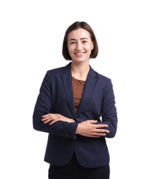 Photo of Portrait of smiling hostess in uniform on white background