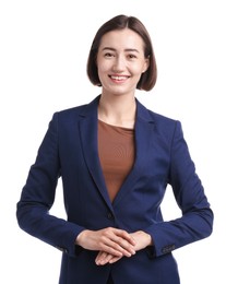 Photo of Portrait of smiling hostess in uniform on white background