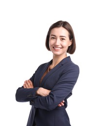 Photo of Portrait of smiling hostess in uniform on white background