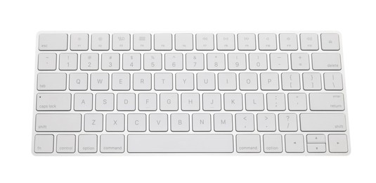 Photo of Modern wireless computer keyboard isolated on white, top view