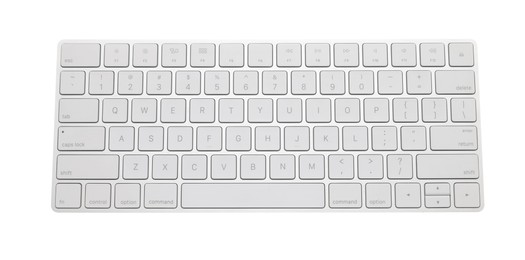 Photo of Modern wireless computer keyboard isolated on white, top view