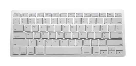 Photo of Modern wireless computer keyboard isolated on white, top view