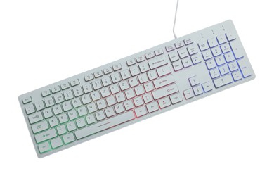 Photo of Modern wireless computer keyboard isolated on white, top view