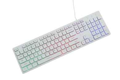 Photo of Modern wireless computer keyboard isolated on white, top view