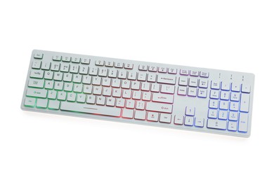 Photo of Modern wireless computer keyboard isolated on white, top view