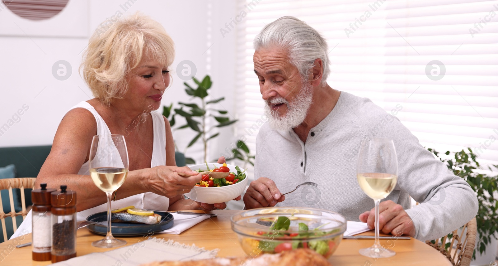 Elderly couple having dinner at table indoors Photo of Elderly couple having dinner at table indoors
