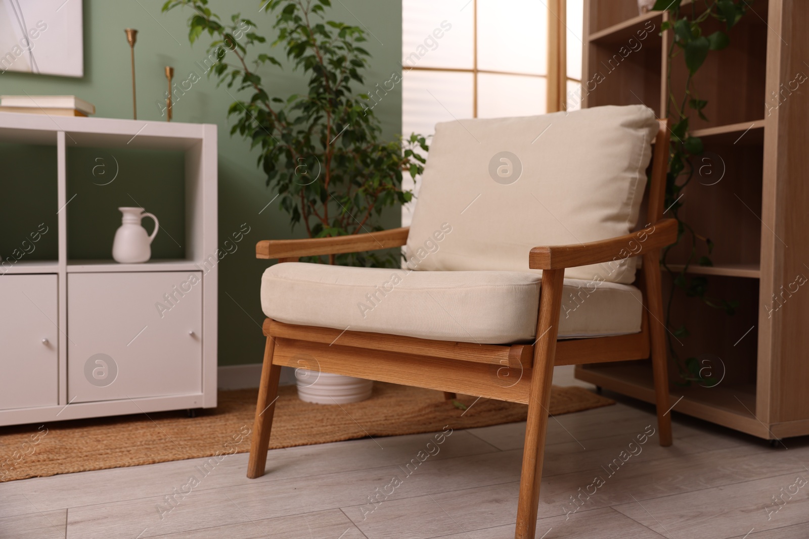 Stylish armchair near shelving unit and houseplant indoors Photo of Stylish armchair near shelving unit and houseplant indoors