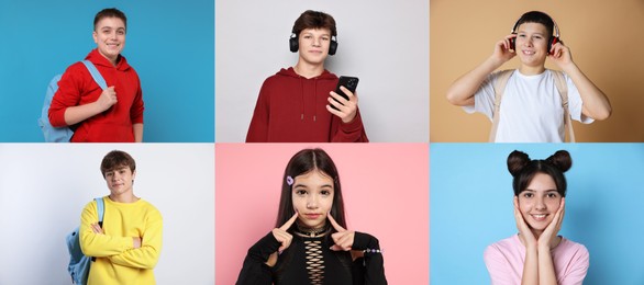 Image of Teenagers on different colors backgrounds, collection of portraits