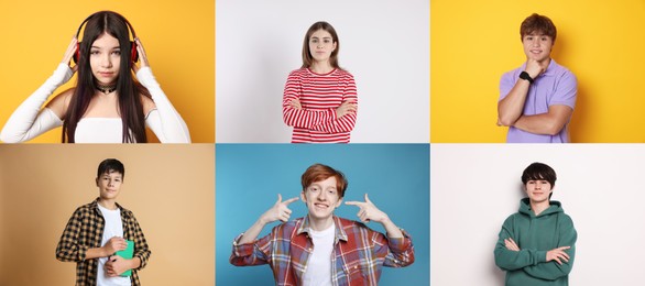 Image of Teenagers on different colors backgrounds, collection of portraits