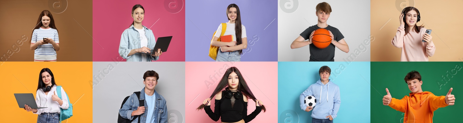 Image of Teenagers on different colors backgrounds, collection of portraits