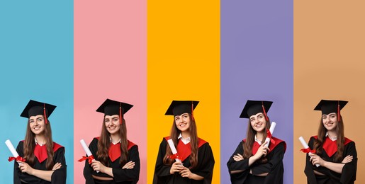 Image of Happy student in graduation gown and mortarboard, collage of portraits on different colors backgrounds